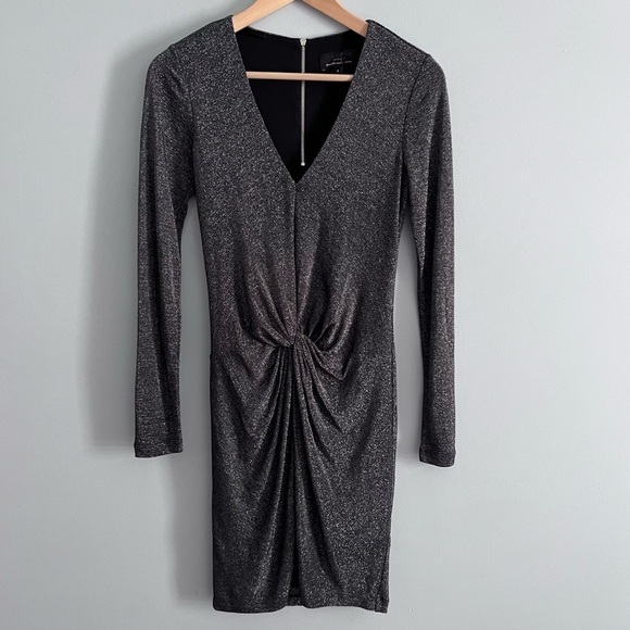 Ted Baker Lizzet Twist Deep V Long Sleeve Metallic Silver Mini Dress 2 (Ted 0) - Picture 2 of 14